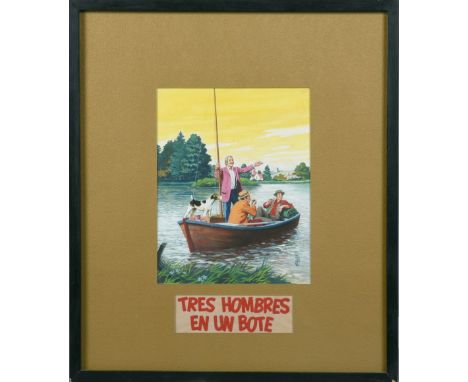 Ernesto R Garcia - Tres Hombres en un Boat, watercolour, signed in mono 'ERGS', framed and glazed, 11in x 8.5in.  Together wi