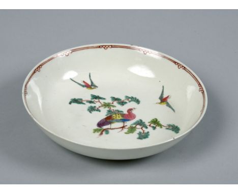A Penningtons Liverpool saucer dish painted with exotic birds, 6.75in diam.