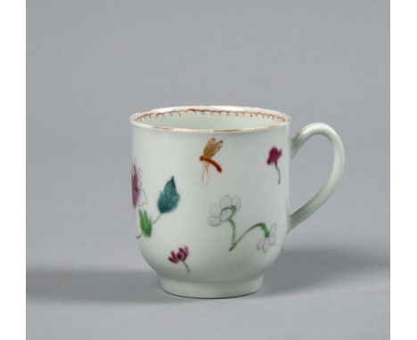 An 18c coffee cup painted in the Oriental style with flowers and insects and use of white enamel, possibly Worcester or Liver