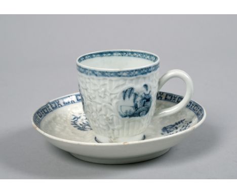 A Lowestoft blue and white moulded saucer of Hughes type, together with a Liverpool moulded coffee cup, saucer with small rim