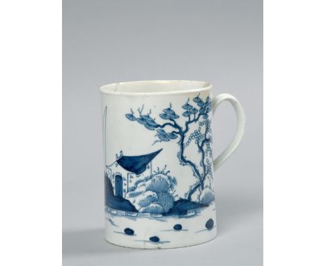 A first period Worcester blue and white cylindrical tankard painted with the rare 'The Angler' pattern, a/f, 4.75in h.