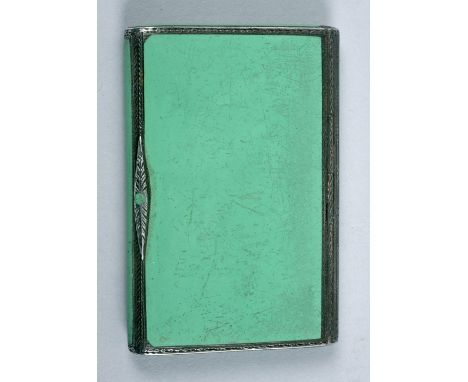 A Sterling silver and green enamel cigarette box with a gilt lined interior, 3in w.