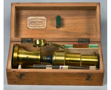 An early 20c Marratt &amp; Short brass pillar microscope, in original box with slides and tweezers and additional slides, 6in