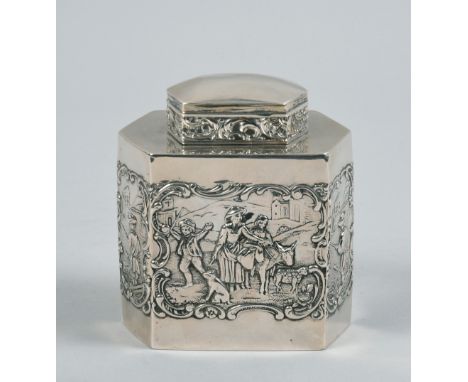 A 19c Dutch silver tea caddy of hexagonal form with lift off domed cover, the sides with embossed and chased pastoral, fishin