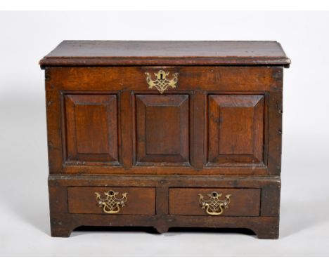 A late 18c/early 19c miniature mule chest, panel decorated, having two short base drawers under coffer box enclosed by a sing