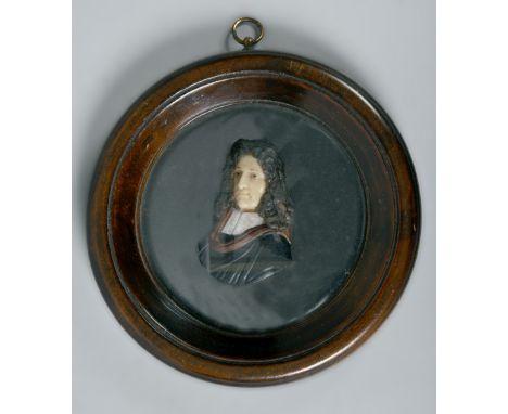 A 19c wax bust of Mr Pepys, circular framed and glazed, 6in diam.