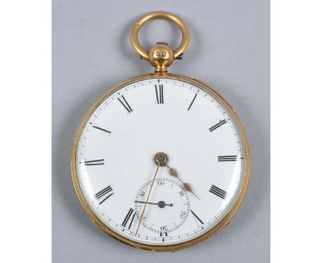 A Lambert &amp; Rawlings of London 18ct gold open faced pocket watch with white enamel dial, black Roman numerals and with a 