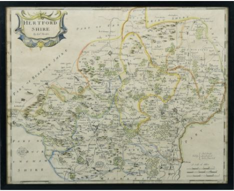 A Robert Morden map of Hertfordshire, hand coloured and with scale, framed and glazed, 14in x 17.75in.