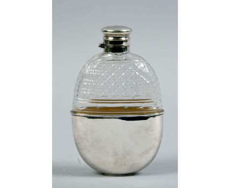 A late Victorian cut glass pocket flask  with silver plated tot and hinged screw top, 6in l.
