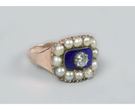 A late Georgian gold blue enamel and diamond set pearl ring.