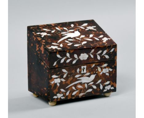 A 19c tortoiseshell two compartment tea caddy inlaid with mother of pearl depicting a finch in leaf and blossom and supported