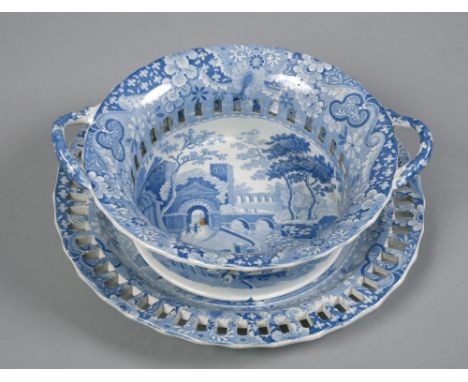 A Spode blue and white pearlware circular chestnut basket and stand  transfer printed with the 'Castle' pattern, a/f, basket 