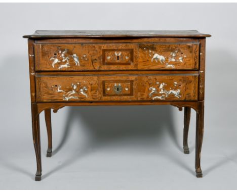 A late 18c/early 19c Lombardy cabinet on stand fitted two long drawers and decorated with coloured woods, inked white bone de