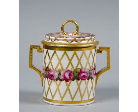 An early 19c Derby two handled chocolate cup and cover painted with bands of Billingsley type roses on a white ground with gi
