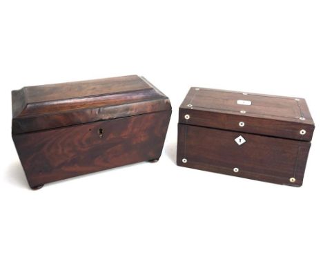 A well figured mahogany sarcophagus tea caddy, together with one other having mother of pearl decoration, 31cm wide and 25.5c