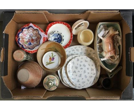 A box of ceramics including Midwinter Jessie Tait designs and studio pottery including Muchelney Leach &amp; Wenford Bridge p