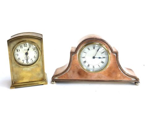 An Ansonia eight day brass mantel clock, 16.5cmH; together with a copper and brass mantel clock, Roman numerals to dial, the 