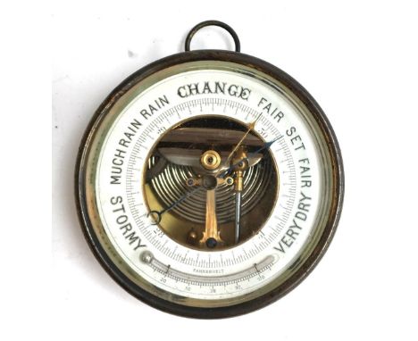 A 19th century brass cased Holosteric aneroid barometer with thermometer, 14.3cmD 