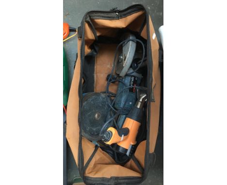 A Bosch GWS20-230 angle grinder, in heavy duty canvas holdall, together with an Evolution HDG200 heat gun 