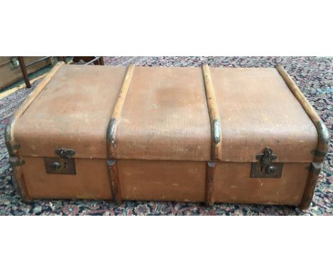 A vintage travel trunk with wood and metal bracing, 90cmW 