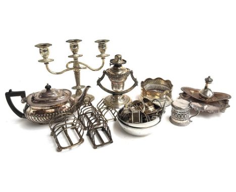 A silver plated oil lamp on gimbal stand, together with several other EPNS items to include candlestick, teapot, several toas
