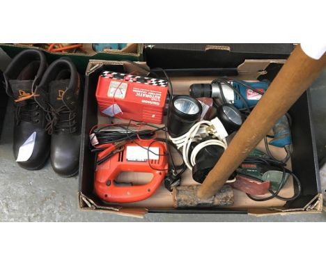 A pair of Rocklander work boots (size 9, new), together with a Silverline hammer drill, a Bosch PSM80A sander, 12V battery ch