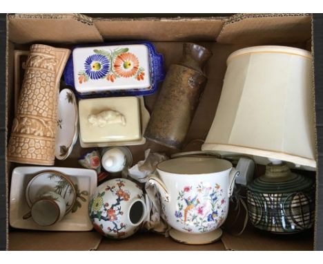 A large box of mixed ceramicc to include a Jersey Pottery lamp base and shade, a ginger jar, butter dishes, Royal Worcester a