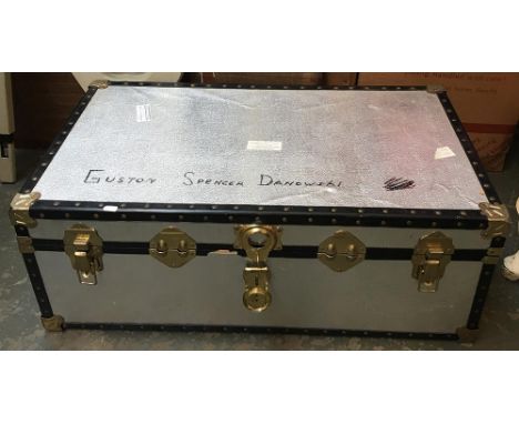 A large school trunk with metal bracing, 92cmW 