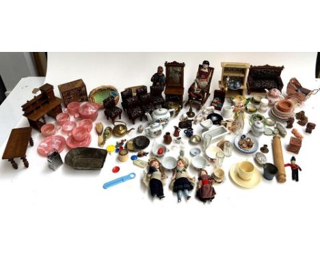 A large quantity of doll's house furniture and related miniatures, to include Bandalasta ware tea service; Wedgwood tea servi