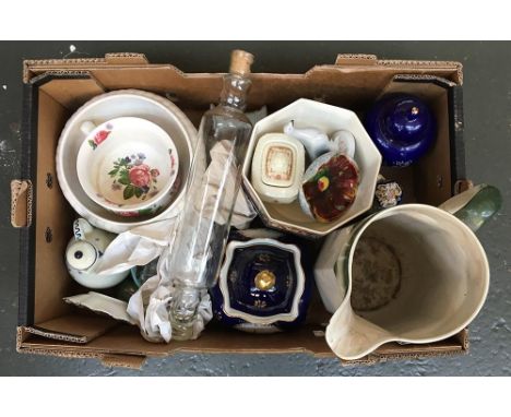 A large box of mixed ceramics including an Arthur Wood child's chamber pot with floral decoration, a Delft jug with lid, a la