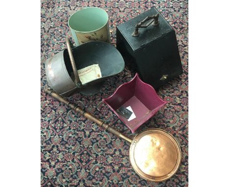 Two coal scuttles, a copper bed warming pan, and two wastepaper bins 