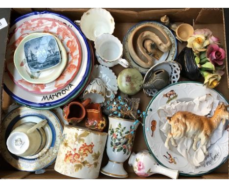 A large box of mixed ceramics including a Copenhagen dish, Royal Worcester vase, Beswick goat figure, etc 