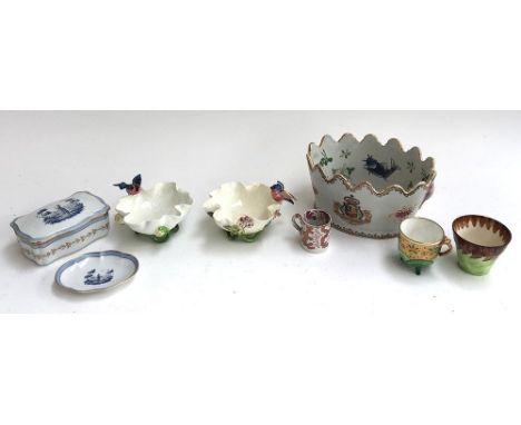 A pair of bonbon dishes, decorated with flowers and songbirds, retailed by T. Goode; together with hand painted 19th century 