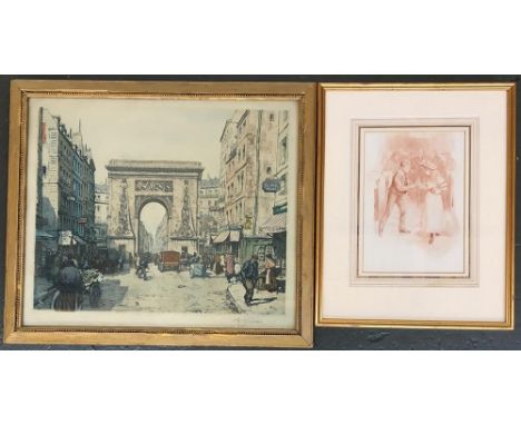 A French street scene with triumphal arch, signed indistinctly in pencil lower right, studio blind stamp to left, numbered; t