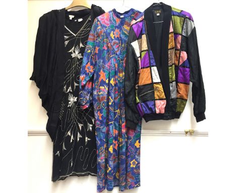 Four item of ladies clothing from the 1980s to include beaded and sequinned black silk crepe dress, black jersey batwing card