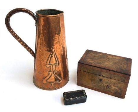 A walnut teacaddy together with an Art Nouveau copper jug, and small trinket box 
