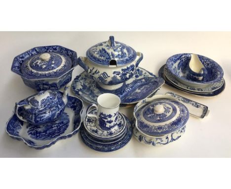 A large lot of mixed blue and white ceramics, including Alfred Meakin, Copeland Spode Italian, and some Willow pattern 