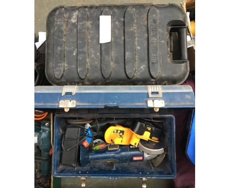 A box of lead dressing tools, together with a toolbox containing a Ryobi angle grinder with battery, and a Scorpion electric 