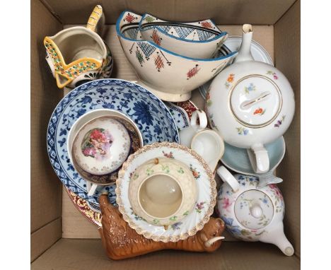 A mixed lot of vintage tea wares, teapots, and commemorative china, including a Belleek sugar bowl 