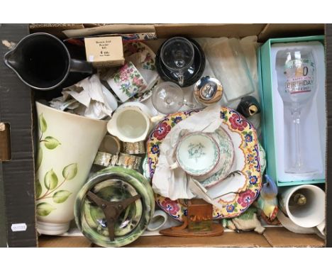 A large box of mixed ceramics including a 60th Birthday Commemoration Golbet (boxed), a green-glazed Carraware lidded jar wit