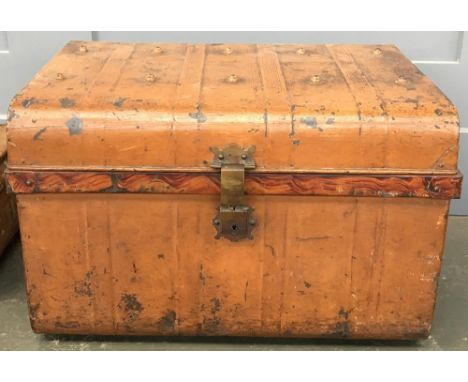 A vintage metal travel trunk with brass lock fittings and loop handles, 68cmW 