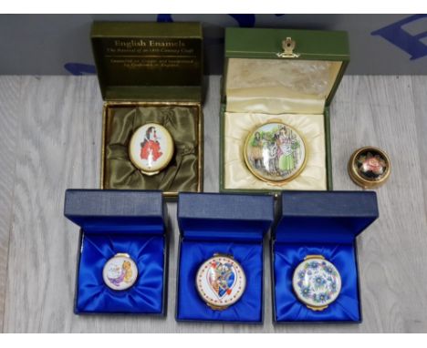COLLECTION OF 6 TRINKET BOXES INCLUDES ENGLISH ENAMELS BY CRUMMLES, KINGSLEY ENAMELS FROM HARRODS AND WORCESTERSHIRE ALL IN O