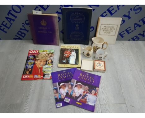 MIXED COMMEMORATIVE WARE INCLUDES 3 VINTAGE BOOKS AND MAGAZINES,  3 CORONATION CHINA PIECES INCLUDING RINGTONS AND A FABRIC P