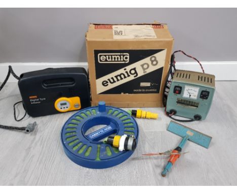 BOX OF MISCELLANEOUS TO INCLUDE EUMIG P8 PROJECTOR IN BOX DIGITAL TYRE INFLATOR DAVENSET JUNIOR 1 1/2 AMP PLUS CASSETTE FLAT 