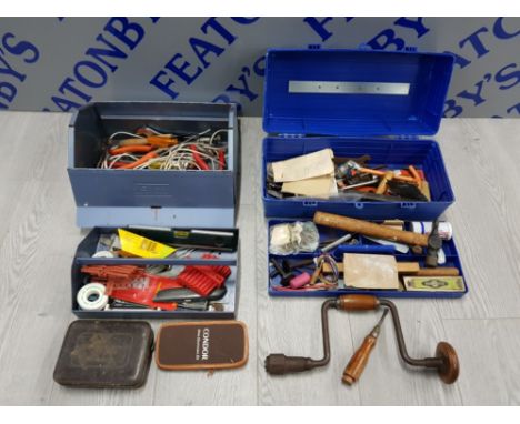 2 TOOL BOXES OF VINTAGE TOOLS INCLUDING PLIERS,  SCREWDRIVERS AND S VINTAGE HAND BRACE DRILL ETC