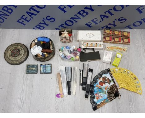 MISCELLANEOUS SEWING ITEMS INCLUDING THREADS AND WOOL IN VINTAGE TINS,0 COLLECTION OF FANS AND BATHROOM SOAPS ETC