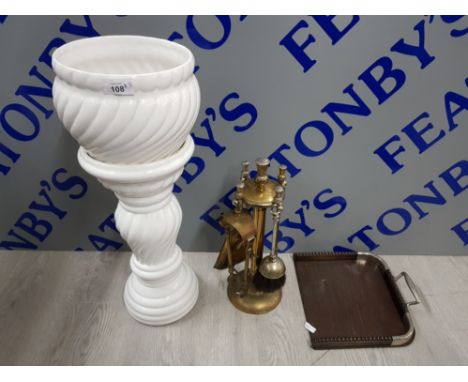 3 ITEMS INCLUDING TRADITIONAL FIRESIDE COMPANION, VINTAGE CRUMB TRAY AND CHINA PLANT STAND