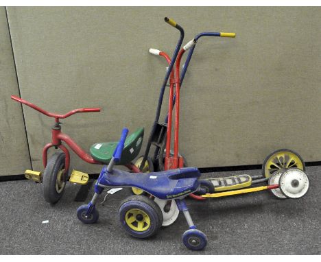 Two vintage childrens scooters and two tricycles