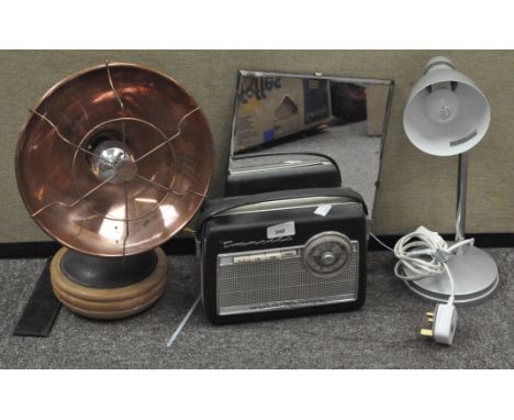 A Warmglow copper electric lamp, together with a Nordmende radio and a small Art Deco style mirror