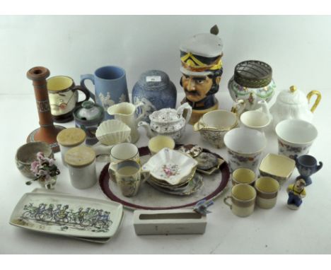 A group of mixed ceramics, to include a  lidded ginger jar, Coalport pin dishes, candlestick and other items
